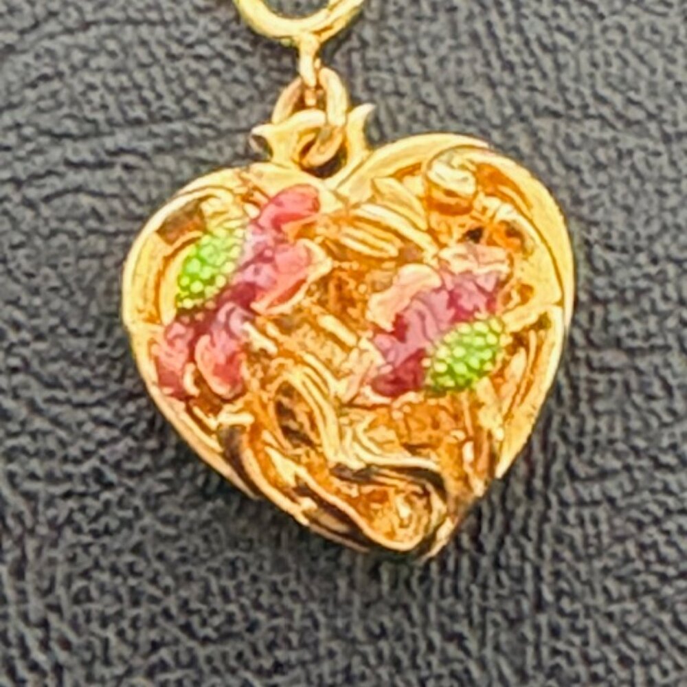 Joan River puffy heart charm-Godl tone-Pink flowers
